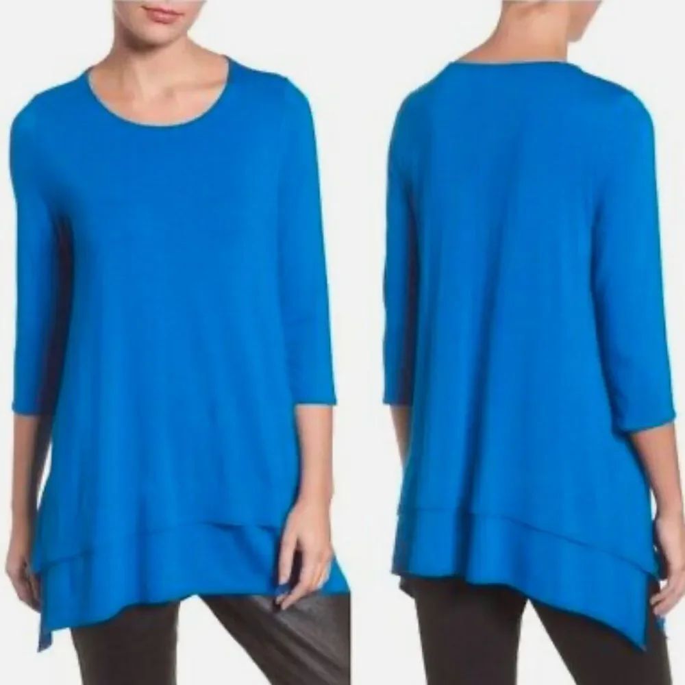 Eileen Fisher Blue Tunic Top Asymmetrical Hem 3/4 Sleeve Lagenlook Minimalist L